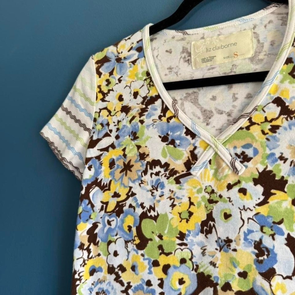 Y2K Floral V Neck Women's Size Small Liz Claiborne Cotton Stripe Yellow Blue - Picture 4 of 8